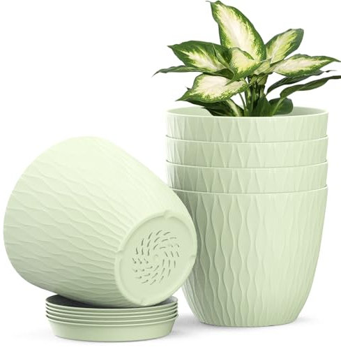 Plastic Plant Pots Indoor, 5 Pack 15cm Stripe Grooves Flower Pots with Drainage Holes and Tray, Modern Decorative Planter Pot for All House Plants（Light Green）