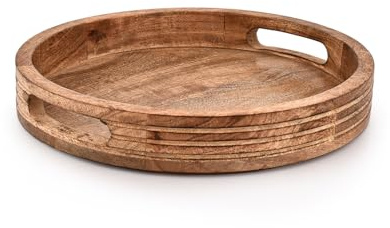 Indus Lifespace Serviertablett aus Mangoholz, rundes Serviertablett mit Griffen zum Servieren von Getränken und Speisen auf der Bar, Wohnzimmer, Esstisch, 30,5 x 30,5 x 4,1 cm