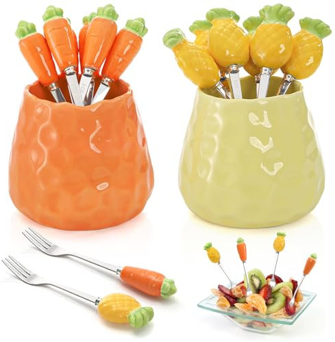 Nagpew 12 Pieces Stainless Steel Fruit Forks, Pineapple Carrot Shape Food Picks with Ceramic Jar Handles, 5'' Cute Cocktail Appetizer Fork for Fruit, Vegetable, Salad, Carp, Charcuterie Board