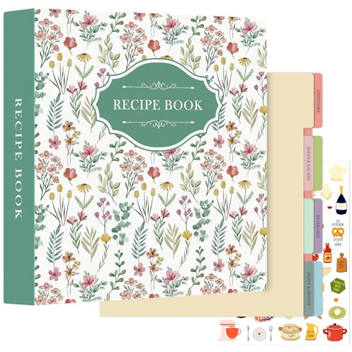 Lanpn Raccoglitore per Ricette, libro Ricettario a 3 Anelli Quaderno per Ricette da Scrivere con 8 Divisori & 2 Adesivi, Recipe Binder Cook Book Journal to Write in Your Own Recipes, Verde, Inglese