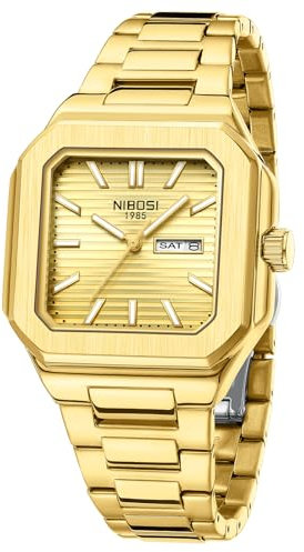 NIBOSI Orologio da uomo analogico al quarzo in acciaio inox, impermeabile, militare, per uomini, quadrato, business, classico, di design, gold, Classico