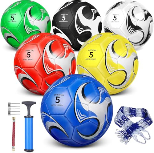 DHYLRICHER 6 Pack Size 3 footballs Balls for Training & Matches – Official Size & Weight, Includes Carry Net,Air Pump ，Ideal for Youth and Adult Players