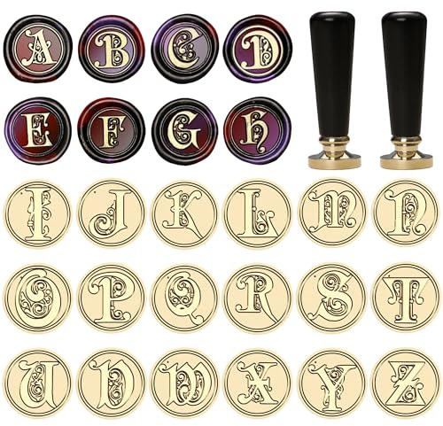 Ychostamp Alphabet-Wachssiegel-Stempel-Set, Gothic-Buchstaben-Siegelstempel, 25 mm, Messing, Initialensiegel mit Griff für Einladungen, Scrapbooking, Party (gotische Initiale A-Z, Kit), 26 Stück