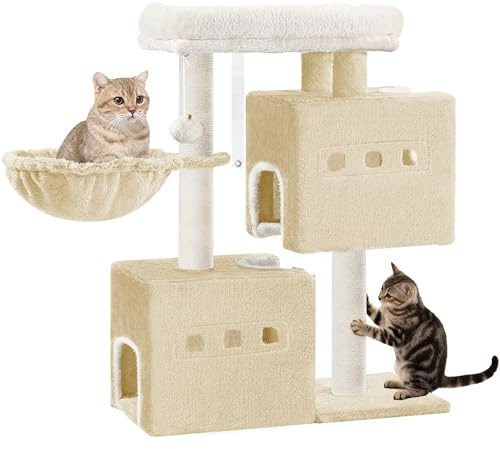 Hzuaneri 75 cm Kratzbaum, Katzenbaum, kratzbaum klein, Beige | Mehrstöckiger Kratzbaum mit Sitzstange, Katzenhausmöbel mit 2 Höhlen, Sisal Katzenkratzbaum, Hängematte, Höhle, MS07618YL