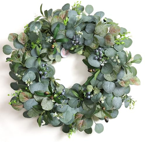 24 Inch Eucalyptus Wreath for Front Door – Green Spring Summer Wreath with Olive Leaves & Berries – Handmade Year-Round Door Decor by EZsenses