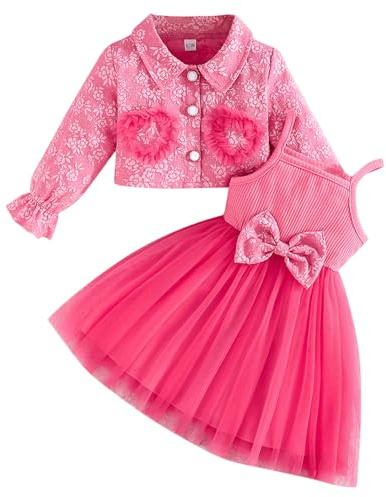 Kunyeah Baby flicka tutu klänning med kofta liten flicka tyll ärmlös klänning blommig spets jacka småbarn långa ärmar outfit, ROSA, 6-9 månader