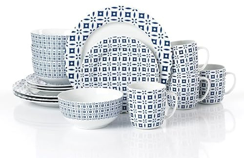 Waterside 16pc Blue & White Geo Porcelain Dinner Set; 4 Dinner Plates, Side Plates, Deep Bowls & Mugs - Dishwasher & Microwave Safe