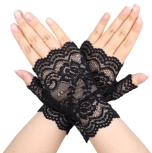 Yuomeaz Short Black Lace Fingerless Gloves for Women, 1920s Black Lace Fingerless Gloves for Masquerade, Halloween, Wedding, Banquet, Tea Party Cosplay