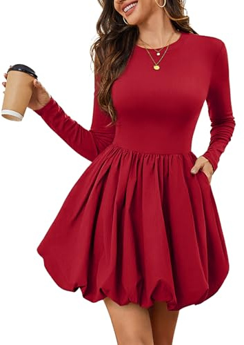 Meetjen Bubble Dresses for Women Fall 2026 Mini Party Long Sleeve Fancy Short Cocktail Dress with Pockets Fall Vestidos De Fiesta para Mujer Red M