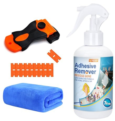 Surface Safe Adhesive Remover Spray 7oz - Rapidly Dissolves Glue Sticker Labels Decals Tape Residue from Car, Windows, Glass, Floor & More with Plastic Scraper & Microfiber Cloth for Easy Removal