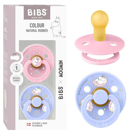 BIBS Colour Moomins Soother 2-Pack, BPA Free Dummy Pacifier, Round Nipple. Natural Rubber Latex, Made in Denmark, Size 1 (0-6 Months), Baby Pink/Hush