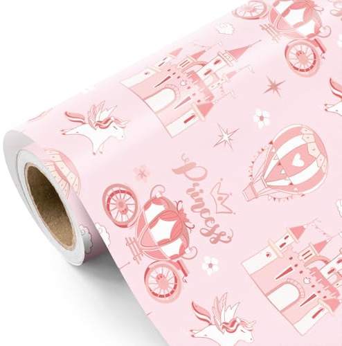 RUSPEPA Prinzessinnen-Geschenkpapier – Mini-Rolle – 43,2 cm x 5 m – Rosa Geschenkpapier mit Kutschenschloss-Motiv, perfekt für Kindergeburtstage und Babypartys