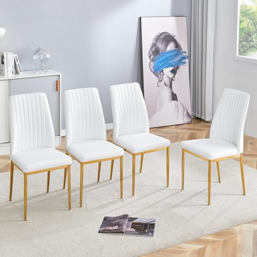 Bladez Esszimmerstühle Set 4-TLG ，Weiße Polsterstühle Mit Goldenen Metallbeinen ， Essstühle Aus PU-Leder Für Küche & Wohnzimmer ， Modernes Design & Einfache Montage