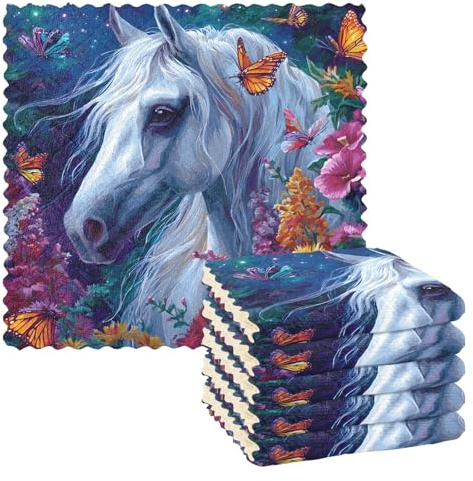 Mnsruu Microfibre Cleaning Cloths White Horse Flower Butterfly Reusable Dish Cloths for Washing Up 6 Pack Swedish Dishcloth Microfibre Cleaning Towels Washable Duster Rags Cloth Home