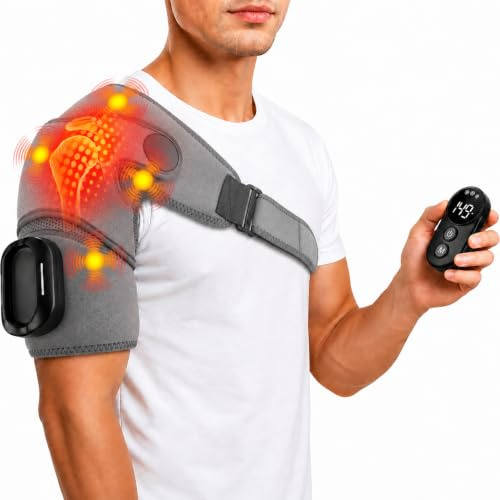Masseur d'épaule, bandage d'épaule avec 5 niveaux de chaleur et 5 modes de vibration, appareil de massage d'épaule portable avec batterie 5000 mAh, avec télécommande, bandoulière réglable pour gauche