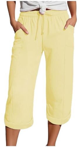 Pantalones 3/4 para Mujer Verano Lino Ligeros Tres Cuartos Pantalones de Verano Informales de Tela Pantalone Deportivos Finos con Bolsillo elásticos 3/4 Pantalone Capri para Playa Diario Yoga