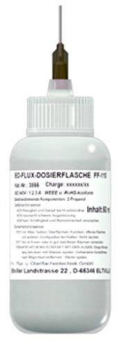 EO-Flux-Dosierflasche FF-110 (No-Clean Elektronik-Flussmittel, 5,8% Feststoff), zum Handlöten, SMD-löten u. Litzenverzinnen, Luer-Lock Flasche, 50 ml, Dosiernadel aus Teflon (3855A0211)
