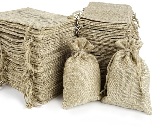 RUBY 50 pièces Petite Sachets en Toile de Jute - 9.5 X 13.5cm Pochette Tissu, Sac en Jute Pochon Tissu, Sachet Lavande Vide, Sachet Lin, Deco Pochette Cadeau Mariage