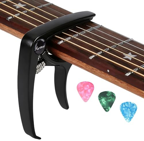 Asmuse Cejilla Guitarra Española Acústica Eléctrica Profesional, Guitar Capo de Ligero Aleación de Aluminio con 3 Púas de Guitarra para Guitarra Acústica Eléctrica Bajo Ukelele Mandolina Banjo