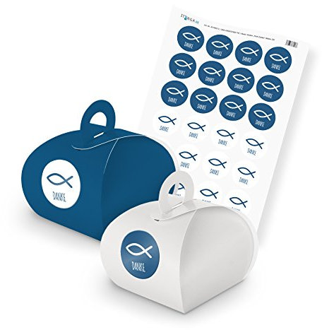 itenga SET Fisch 24x Gastgeschenk Geschenkschachtel mit Griff + Stickerbogen für Kommunion, Konfirmation, Taufe, Firmung