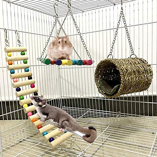 Ewolee Fågelbur leksaksset – 3-pack hamsterleksaker papegoja bur leksaker, råtta socker segelbåt fågel bo gunga djurbur stege för hamster, gerbil, degu, ekorre, iller, marsvin, papegoja