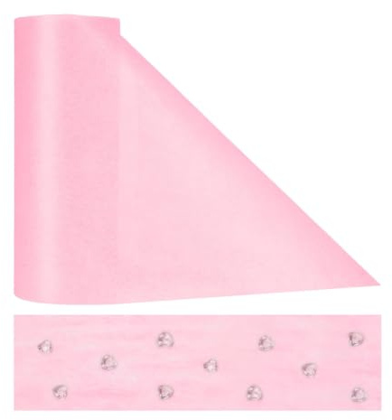 Anstore Vlies Tischläufer Rosa 23 cm x 30 m mit 150 Herz-Strasssteinen | Tischläufer Rolle Wiederverwendbar, Dekoratives Tischband für Hochzeit, Brautparty, Geburtstag, Taufe, Kommunion