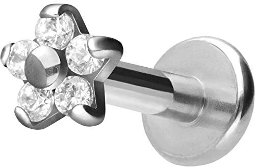 PIERCINGLINE TItan Labret Stecker Gewinde BLUME + 5 KRISTALLE Piercing Ohr Lippe Nase Silberfarben 1,2 x 7 mm