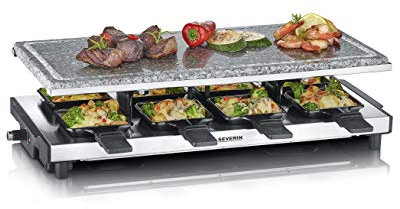SEVERIN Raclette mit Naturgrillstein, elektrischer Tischgrill, Raclette für 8 Personen mit Grillplatte und 8 Pfännchen, Kunststoff/Edelstahl, schwarz, RG 2374