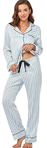 Serenedelicacy Women's Satin Pajama Set Long Sleeve Button Down Sleepwear 2-Piece Silky Pj Set (Medium, Blue, Striped)