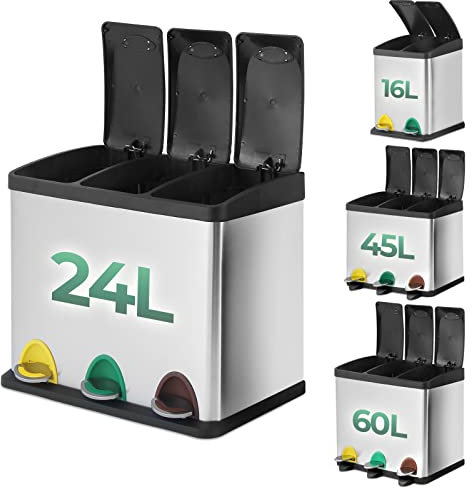 Jago® Pattumiera per Differenziata - capacità a Scelta 16/24/45/60 l, 2/3 Scomparti e Secchi Interni, Pedali Colorati, in Inox - Bidone Spazzatura, Cestino Raccolta, da Cucina (24L (3 x 8L))