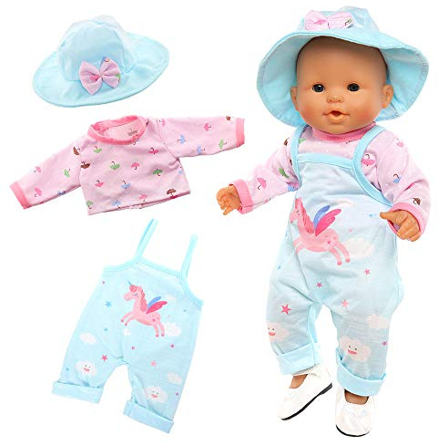 Miunana Vestido Azul Estampado De Unicornio + Sombrero + Zapatos para Muñecas De 36 CM - 42 CM (14 Pulgadas - 16 Pulgadas) Baby Doll Y Otras Muñecas (No Incluye Muñeca)