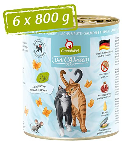 GranataPet Våtfoder Delicatessen lax och kalkon, 6 x 800 g, för katter, kattmat för finsmakare, foder utan spannmål och utan sockertillsatser