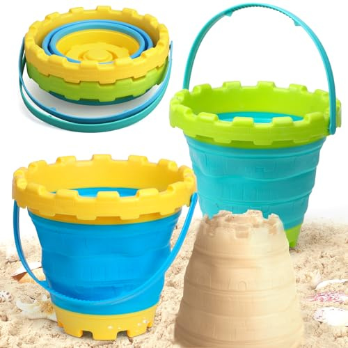 Jumbo Faltbarer Strandeimer, großer zusammenklappbarer Schlosseimer, Sandeimer mit Griff für Kinder, Erwachsene, Pool, Camping, Trinken, Angelausrüstung, Autowäsche, Sommerspaß zum Spielen (2 Stück)
