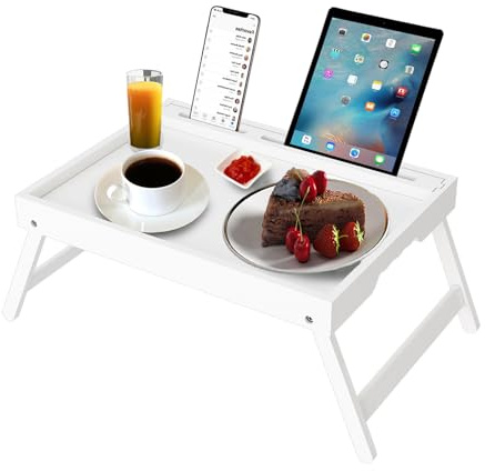 Bed Tray Table with Handles Folding Legs Bamboo Breakfast Food Tray with Media Slot for Platters,Laptop Desk,Snack,TV Tray Kitchen Serving Tray