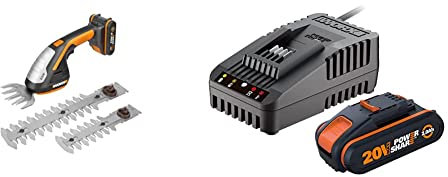 Worx WG801E Forbice Elettrica a Batteria 20V, con 3 Lame Intercambiabili in Dotazione & WA3601 Kit 1 Carica Batteria Rapido + 1 Batteria Power Share 20V/2.0Ah agli Ioni di Litio