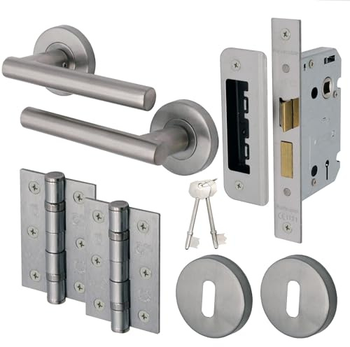 EAI Round Internal Door Lock Set - Satin Nickel | Mortice Sash Lock, Handles, Escutcheons & Hinges (102mm) | Office, Bedroom, Closet & Bathroom Lever on Rose | Lockable Interior Handles