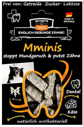 Qchefs MMINIS Zahnpflege-Snack für kleine Hunde bei Mundgeruch & Leckerlis zum Plaque & Zahnstein entfernen mit natürlich antibakterieller Zahnreinigung ohne Dentalspray oder Zahnbürste