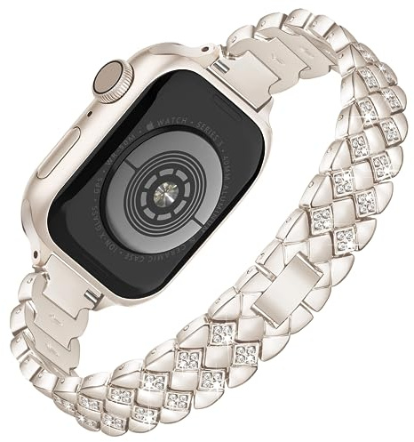 Vamyzji Compatible with Apple Watch 42mm(Serie 11/10) 41mm 40mm 38mm, Slim Metal Strap for Apple Watch Series 11 10 9 8 7 6 5 4 SE 3 2 1, Bling Luxury Designer iWatch Strap for Women Ladies Starlight