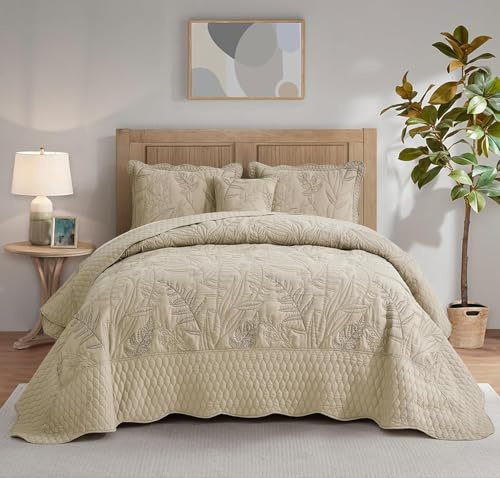 DaisyHuang Botanical Oversized Bedspread Queen Size - Leaves Pattern Stitching Quilt Set - Elegant & Fresh Style Bedding Coverlets, Reversible, Lightweight, 5 Piece, Taupe