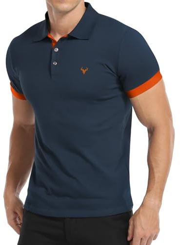 KUYIGO Kortärmad polotröja för män hjorthuvud broderi golf tennis bomull t-shirt S-XXL, Grå blå-orange, XL
