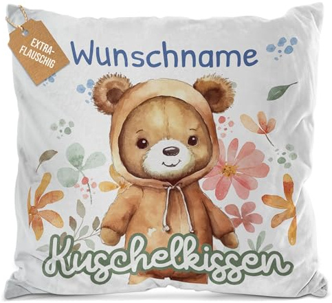 Print Royal PR Flauschiges Kuschel-Kissen für Kinder mit Füllung mit Name selbst gestalten - Bär Kissen für Mädchen und Jungs, Kinderkissen mit Name | 40 x 40 cm, Weiß Flauschig
