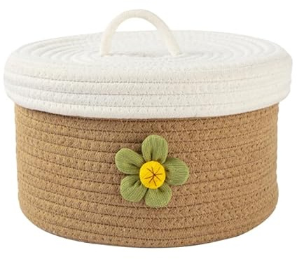 Amosfun Cesto Bomboniere Rotondo per Organizzazione in Corda di Cotone Coperchio Stile Moderno e Semplice Cesto Delicato nel Soggiorno e Armadio