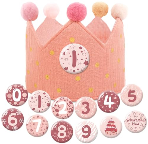 Heartsking Geburtstagskrone Junge & Mädchen, Musselin Krone Geburtstag Zweifarbig, Kinder Geburtstagskrone mit Zahlen von 0-9, Partyhüte Party Deko, für den Kindergeburtstag (Rosa)