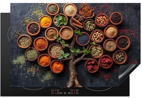 KitchenYeah© Herdabdeckplatte Einteilig Herdabdeckung Abdeckplatte für | 80x52 cm - Ceranfeld Abdeckung Induktionskochfeld Aufrollbare Matte Kräuter - Baum des Lebens - Küche - Kochen