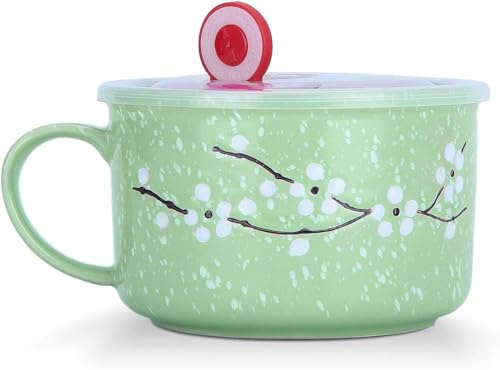 Biigming Große Tasse 800ml Müslischalen mit Deckel und Griff Frühstückstassen Suppenschüssel Nudelschale Kirschblüten unter Schneeflockenmuster für Nudeln Salat Müsli(Grün)