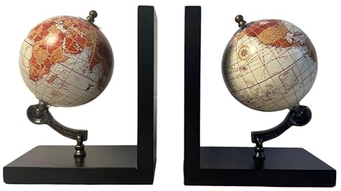 Thorness Klassische Weltkarten-Globus-Buchstützen – Elegantes Schreibtisch-Accessoire für Zuhause und Büro, Stilvolle Dekoration aus Holz in Schwarz, 2 Stück