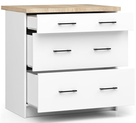 BDW Küchenschrank OLIWIA S80-16 mm Schichtstoffplatte - ABS-Furnier - Modernes Design - Langlebig und verschleißfest - Einfache Montage - 3 Schubladen - 80 cm - Weiß