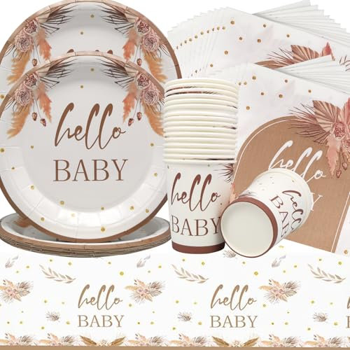 Doyomtoy Vaisselle Bohémienne pour Baby Shower 61pz Baby Shower Paper Tableware Set Assiettes en papier Serviettes en papier Gobelets en Papier Bohème Deco Set d'Assiettes Thème pour 20 invités