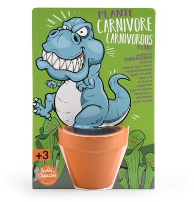 Radis et Capucine - T-rex dinosaure et plantes carnivores à semer - Carte avec pot