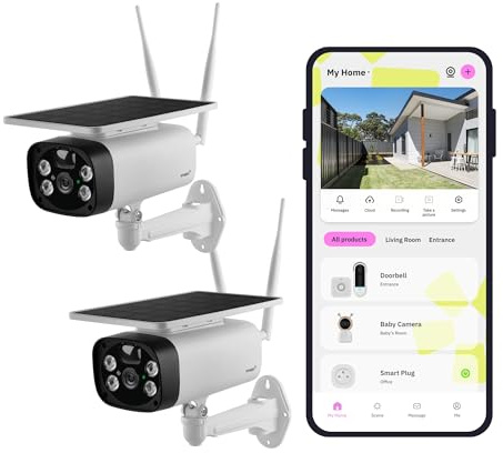 OMAJIN 2 x Trådlös Övervakningskamera solenergi utomhus, Batteridriven, Nattseende 1080P HD, Siren 105 dB, Igenkänning av personer/Rörelse/Ljud, Tvåvägsljud, SD/Molnlagring, IP55, OBU-2OSC